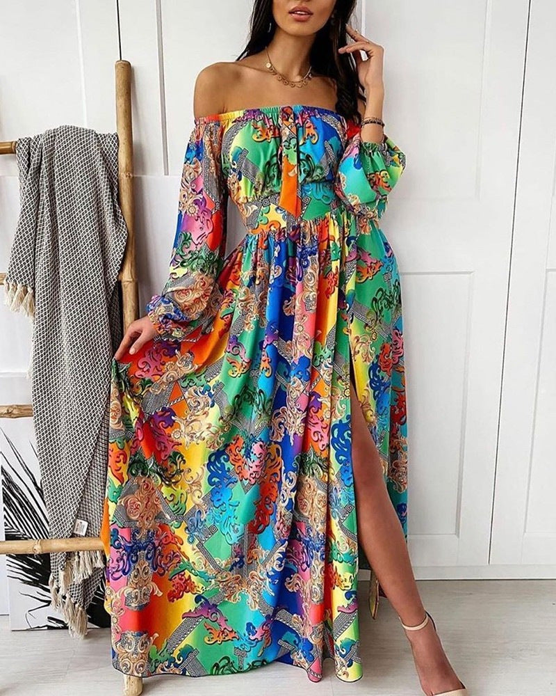 Women Fashion Boho Style Floral Printed Off-Shoulder Maxi Dress