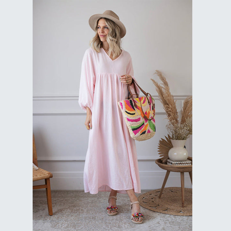 Vestido largo bohemio informal de color liso y manga larga para mujer