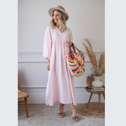 Vestido largo bohemio informal de color liso y manga larga para mujer