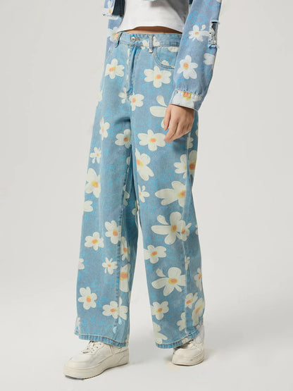 Vaqueros rectos con estampado floral retro para mujer