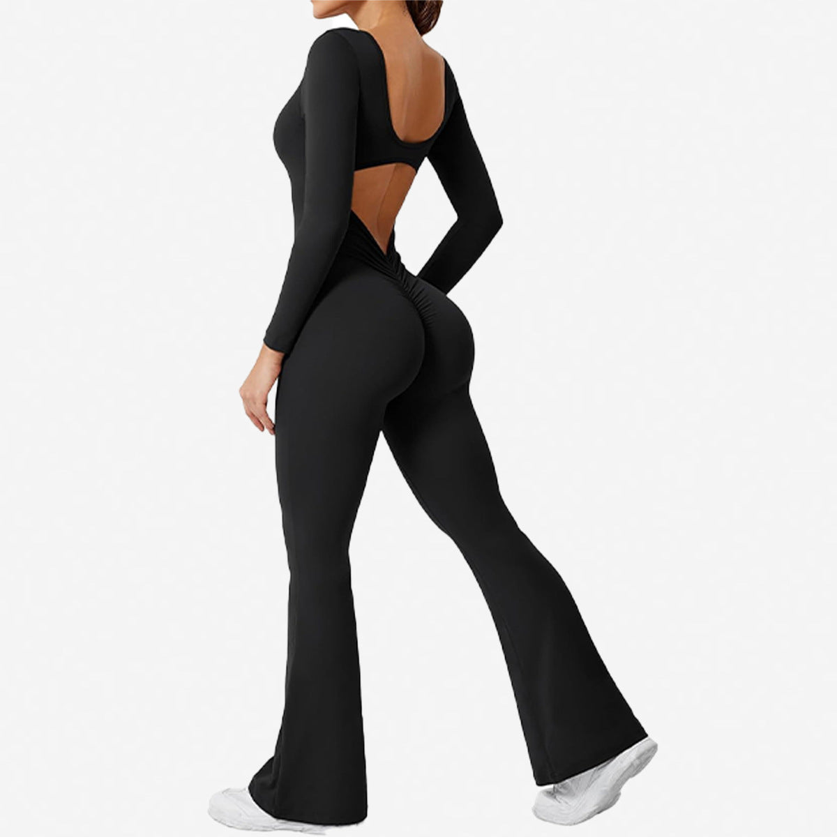 Women Fashion Casual Solid Color Square Neck Long-Sleeve Backless Jumpsuits