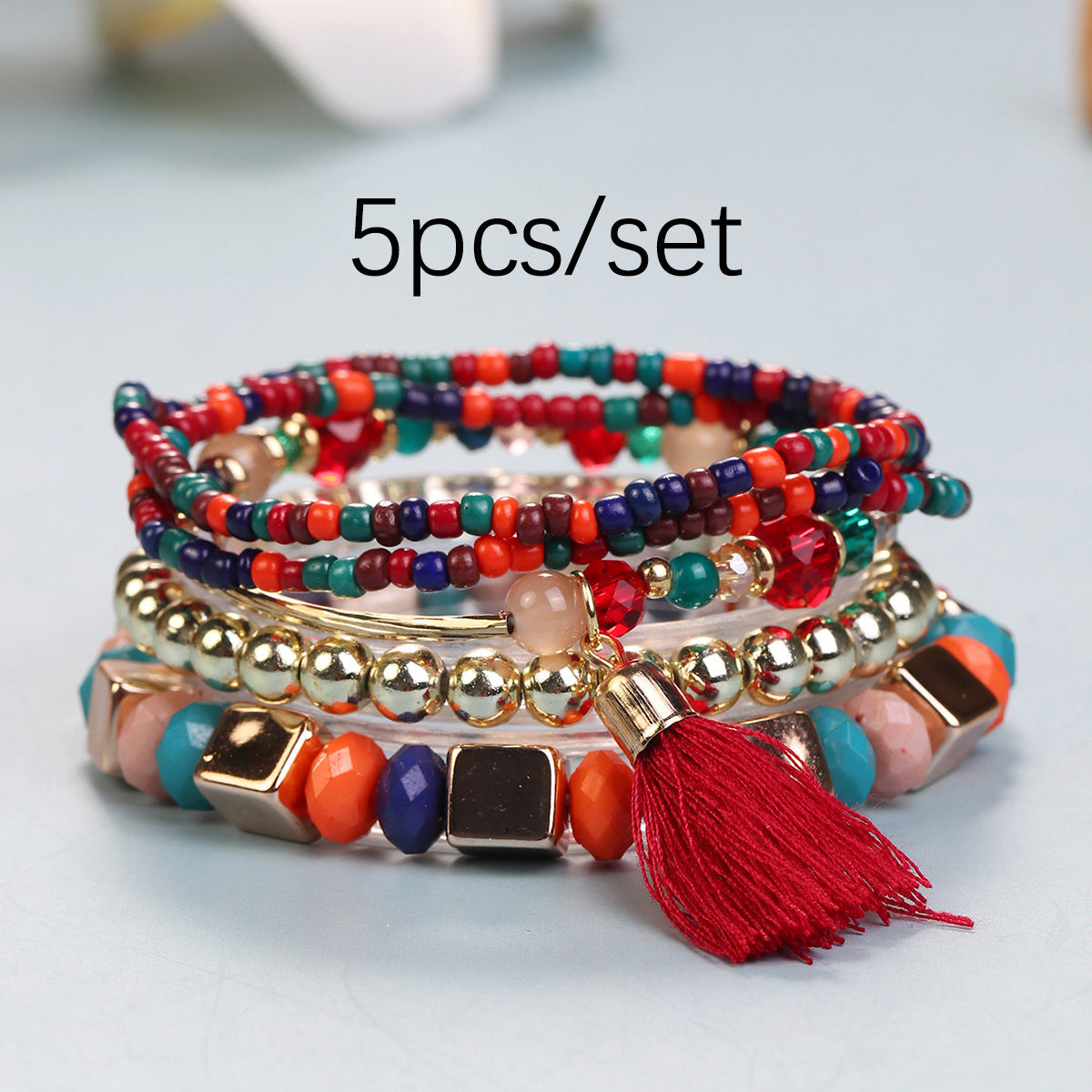 Conjunto de pulseras multicapa con flecos y cuentas bohemias