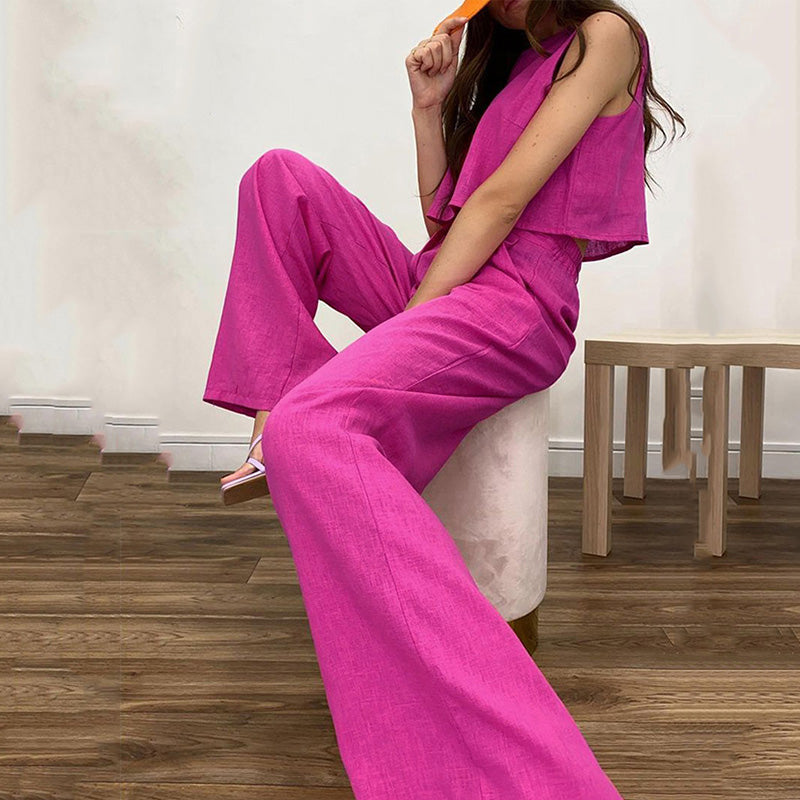 Ensemble deux pièces en coton et lin pour femme - Style décontracté