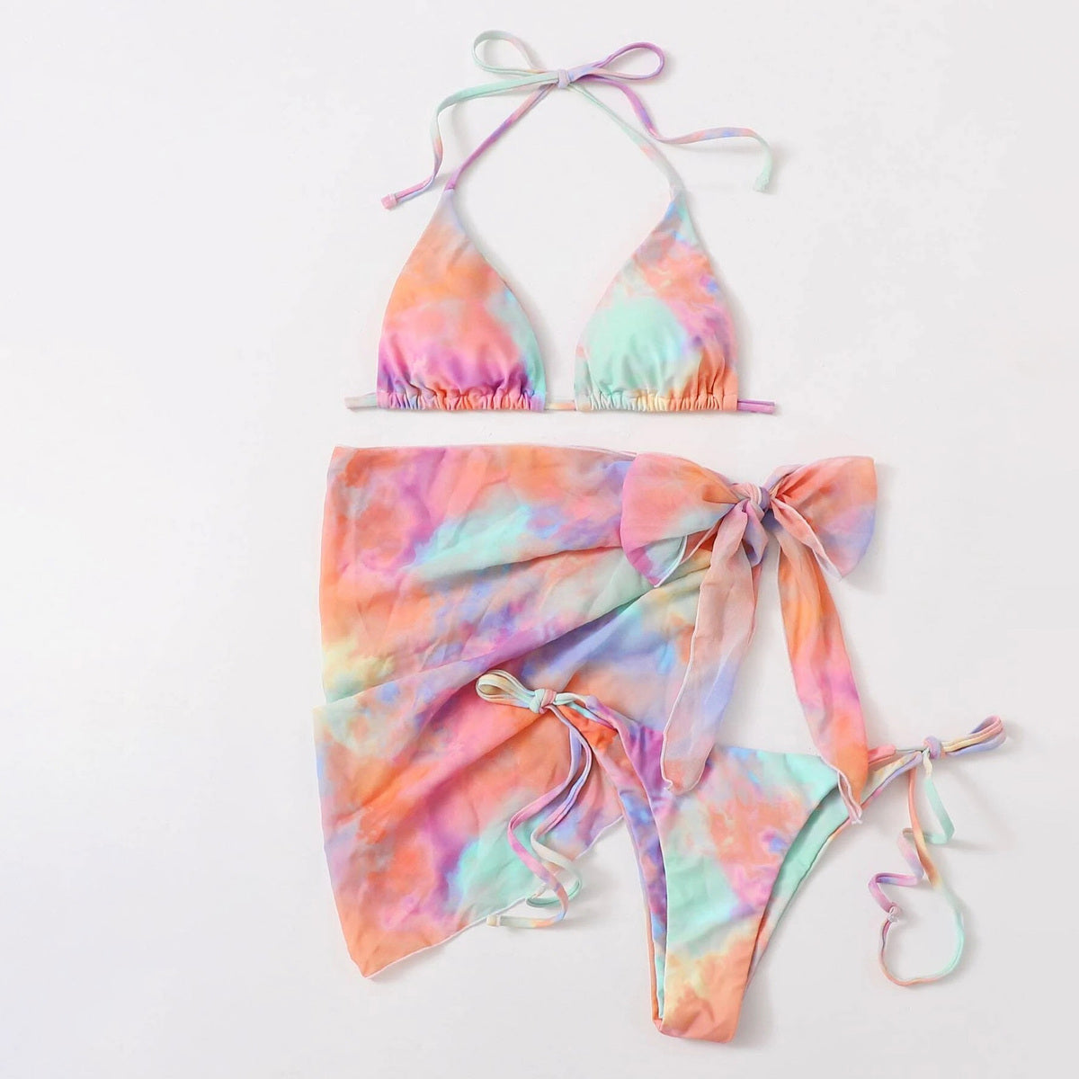 Conjunto de bikini de gasa con efecto tie-dye sexy para mujer