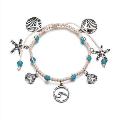 Tobillera bohemia de cuerda trenzada con conchas y estrellas de mar