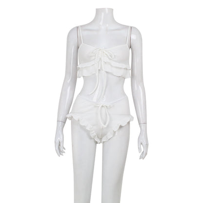 Women Fashion Sexy Solid Color Ruffled Camisole Set