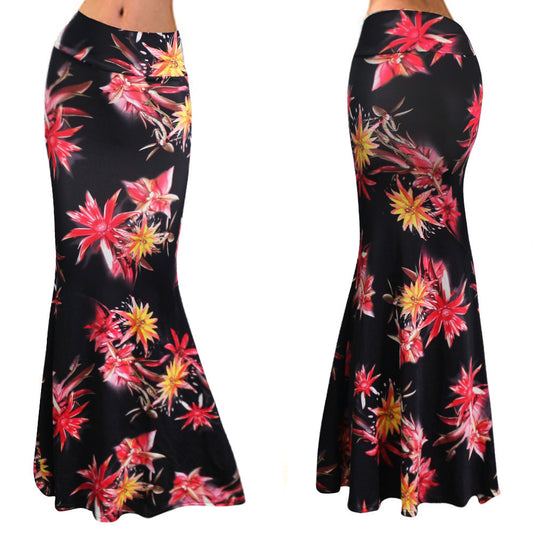 Women Fashion Sexy Floral Printed High Waist Slim Fit Fishtail Skirt