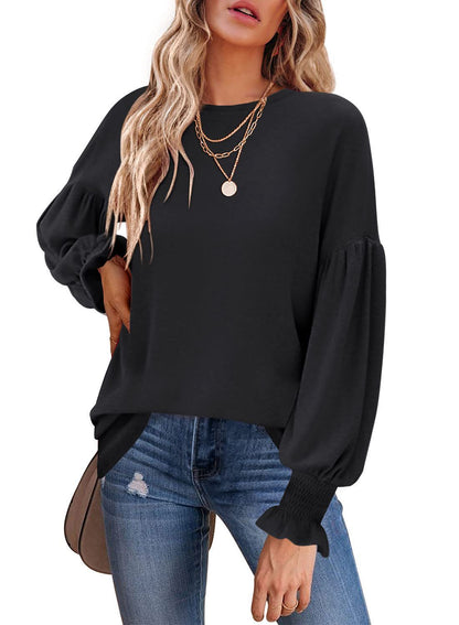 T-shirt décontracté à col rond et manches lanternes pour femme