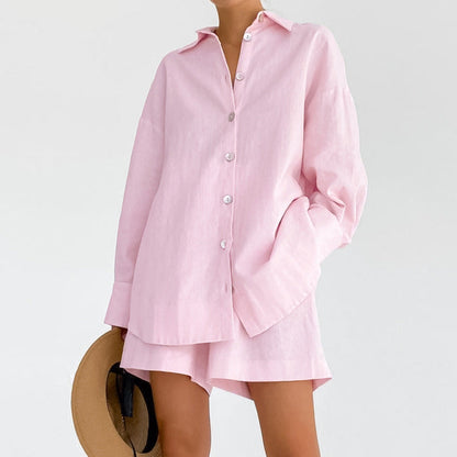 Women Fashion Solid Color Cotton Linen Pajamas Set