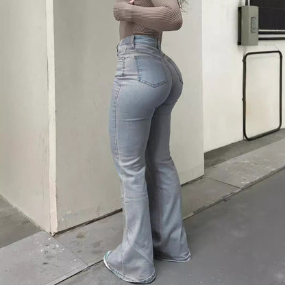 Women Casual High Waist Flare Cotton Jeans