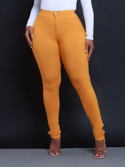 Women Fashion Solid Color Mid-Waist Tight Jeans