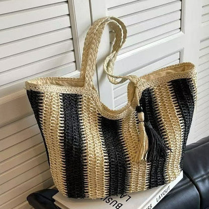 Women Fashion Stripe Straw Woven Beach Tote Bag