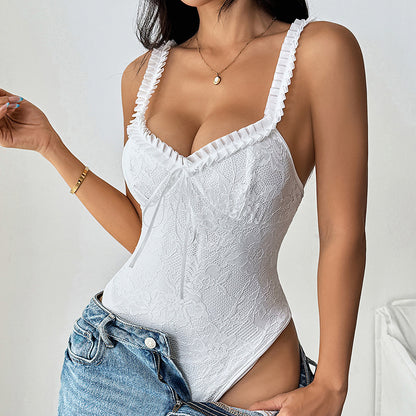 Women Fashion Solid Color Lace Strap Bodysuits