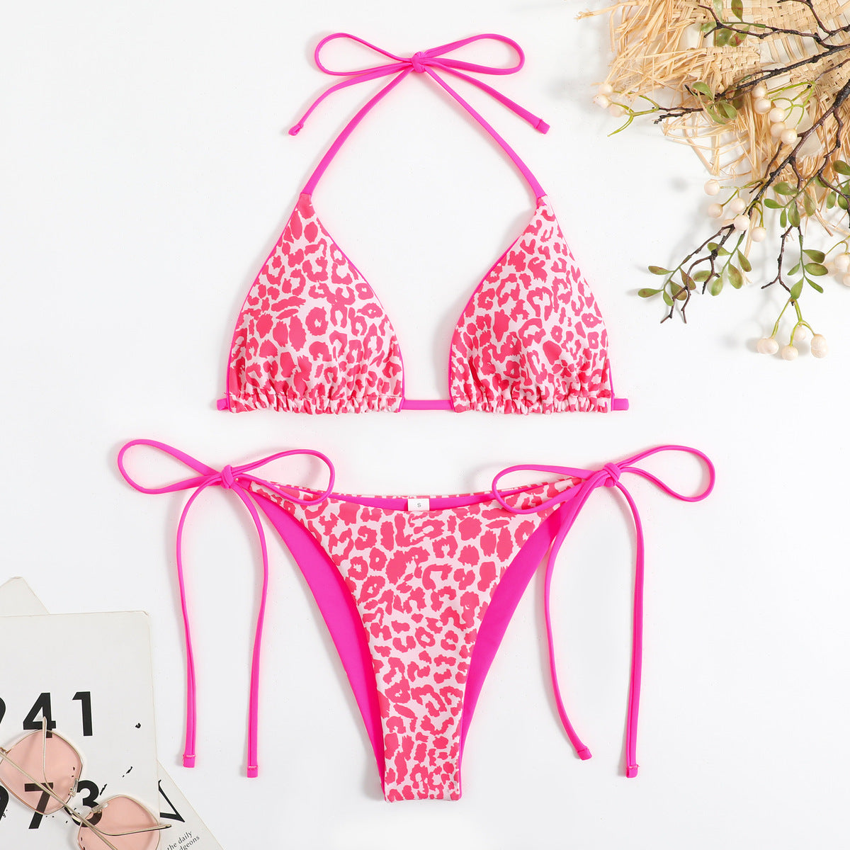 Traje de baño bikini sexy con cuello halter y estampado de leopardo para mujer
