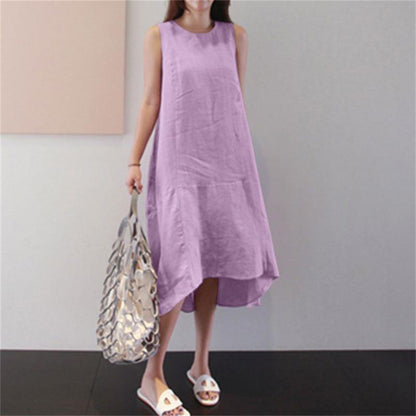 Robe décontractée sans manches en coton et lin de couleur unie pour femme
