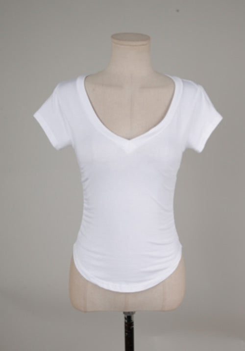 T-shirt simple et basique à col en V et manches courtes pour femme, moulant, uni et vierge