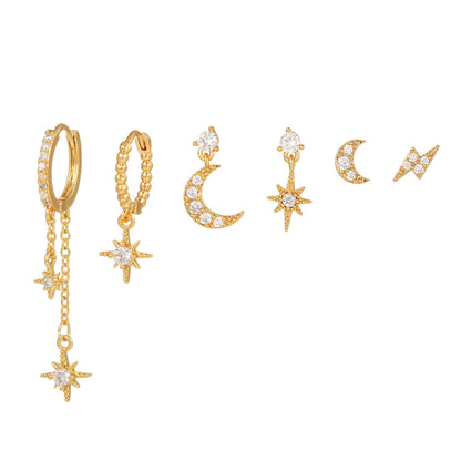 Women Fashion Zircon Star Moon Chain Tassel Earrings Set
