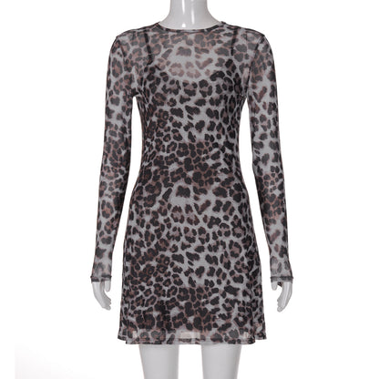 Vestido transparente de malla con estampado de leopardo para mujer