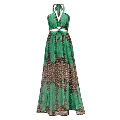 Robe élégante bohème à imprimé léopard et dos nu en mousseline de soie pour femme