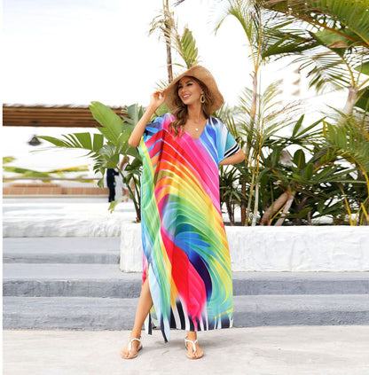 Women Fashion Vacation Beach V-Neck Rainbow Print Swimsuit Cover-Up