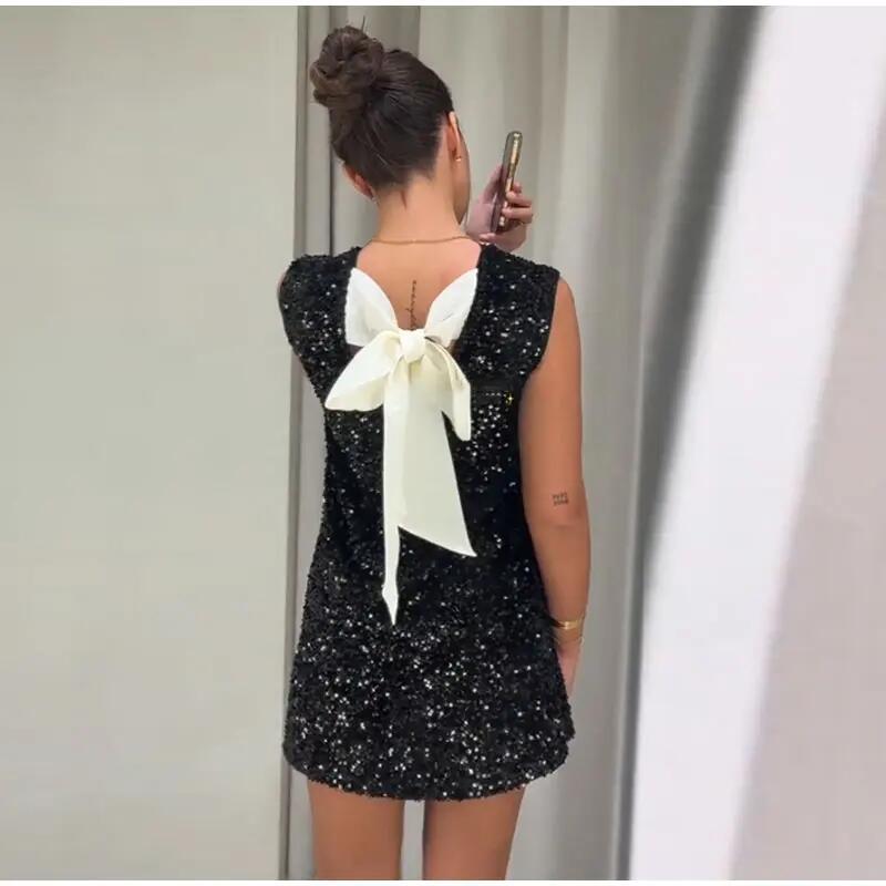 Vestido elegante sin mangas con cordones, lentejuelas y lazo para mujer