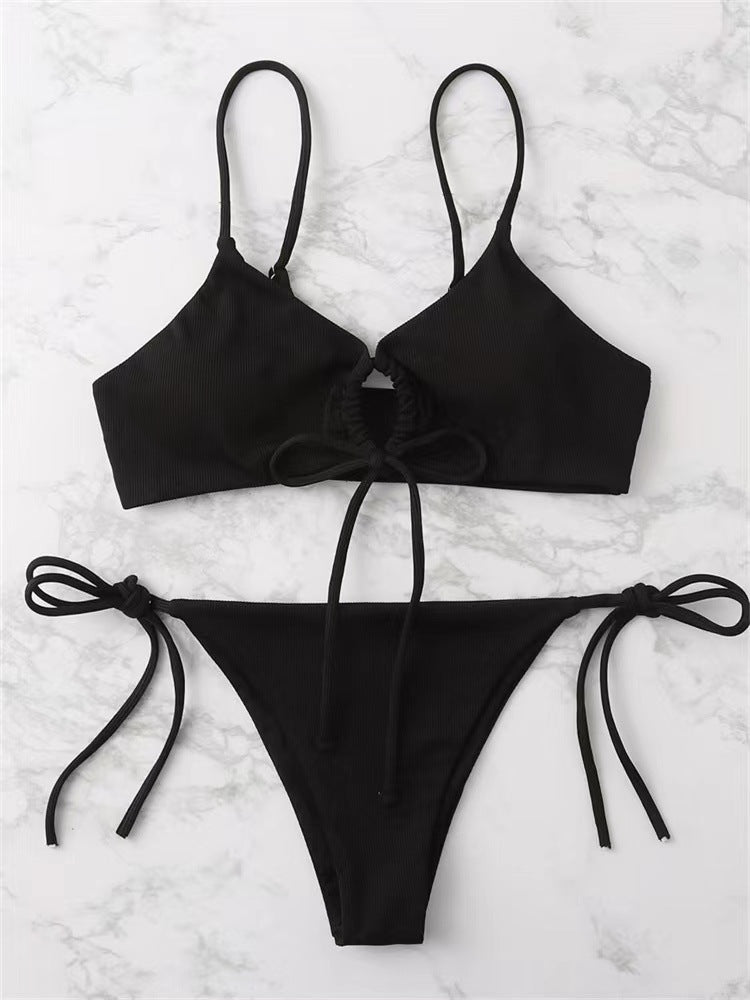 Traje de baño bikini sexy de color sólido con cordones para mujer