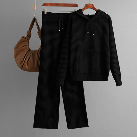 Women Casual Solid Cotton Knitted Hoodie and Pants Set