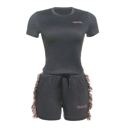 Women Fashion Side Tassel Embroidered Shorts Two-Piece Set