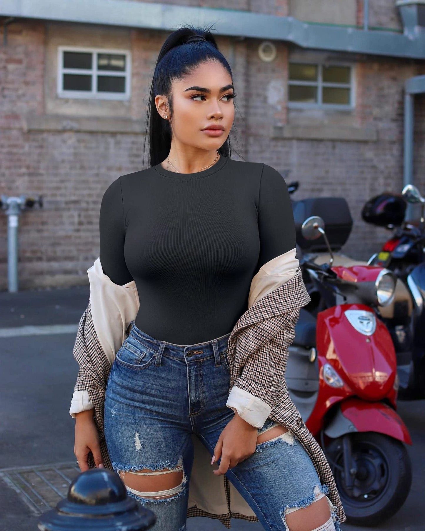 Women Fashion Solid Color Long Sleeve Blank T-Shirt