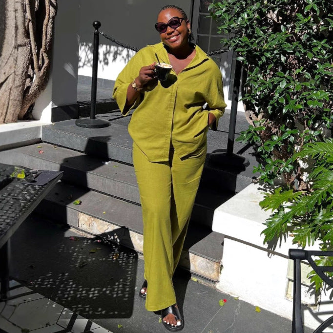 Women Fashion Casual Solid Color Lapel Button Shirt and Trousers Set