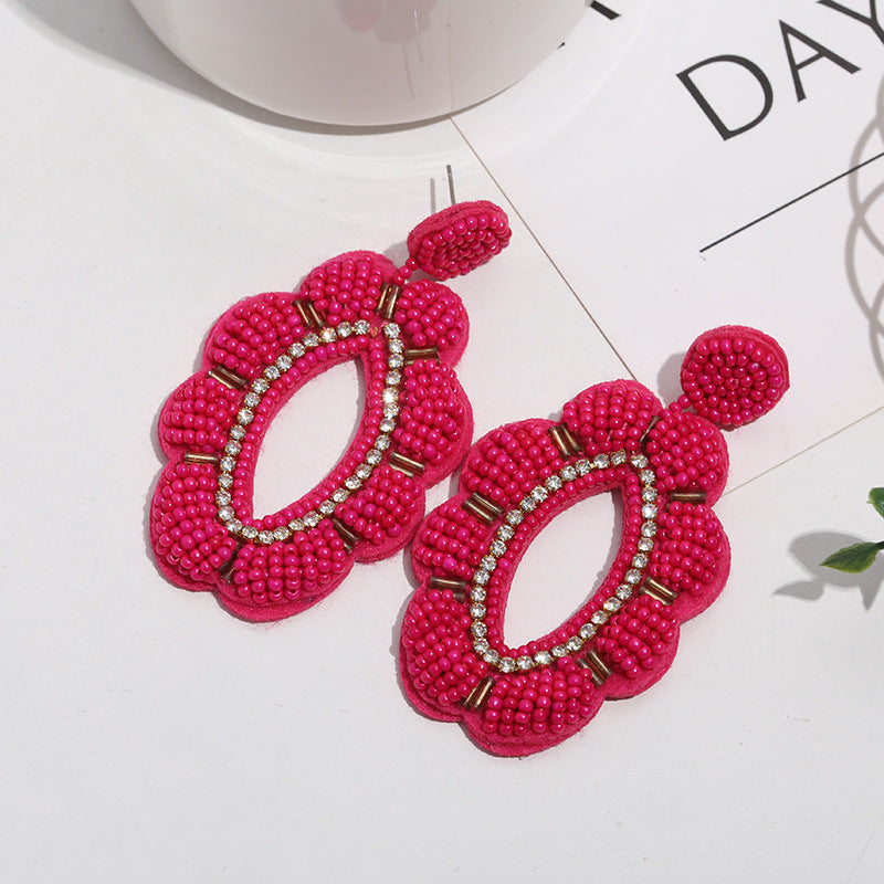 Boucles d'oreilles tressées en perles de riz et fleurs de Bohème