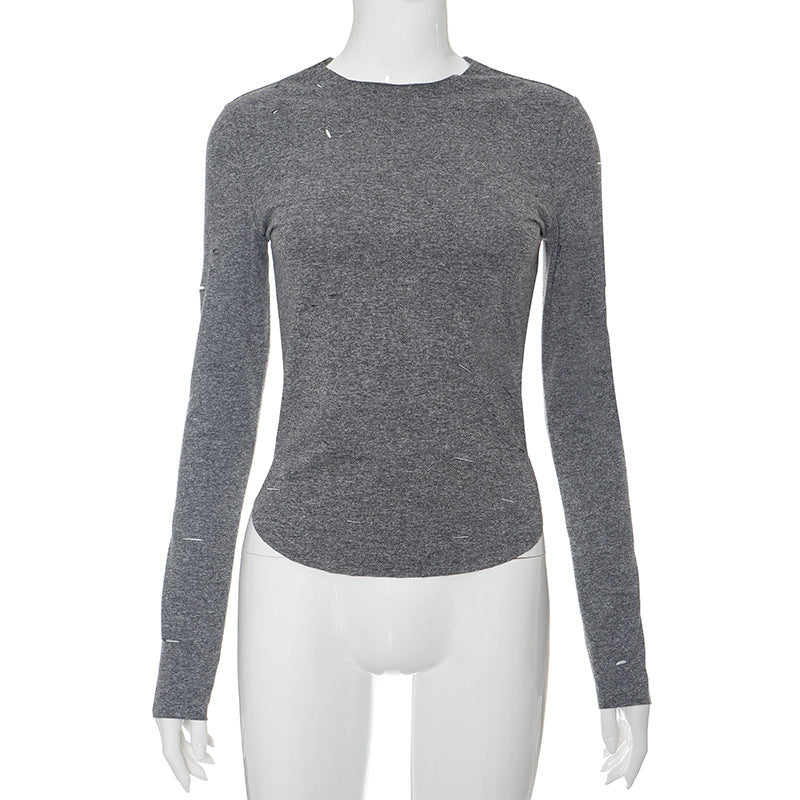 T-shirt à manches longues et col rond pour femme, couleur unie, à la mode