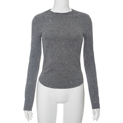 T-shirt à manches longues et col rond pour femme, couleur unie, à la mode