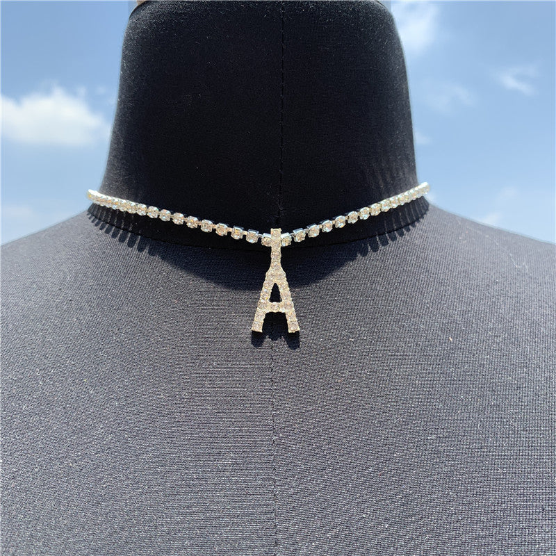 Women Rhinestone Alphabet Necklace