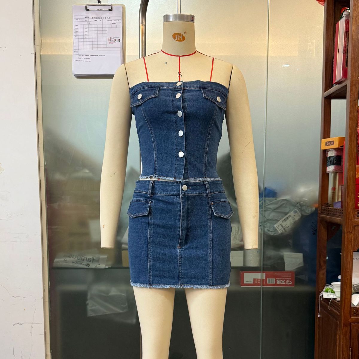 Ensemble jupe deux pièces en denim sexy de couleur unie pour femme