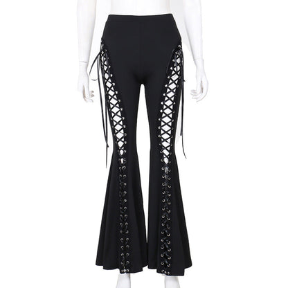 Women Fashion Sexy Gothic Hollow-Out Lace-Up Flared Pants