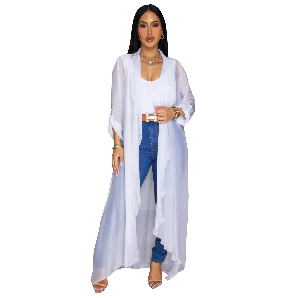 Manteau à manches longues en mousseline de soie unie pour femme