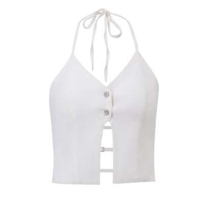 Women Fashion Sexy Solid Color Cotton Halter-Neck Crop Top
