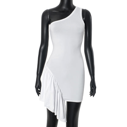 Women Sexy Solid Color Slant Shouldered Ruffle Dress