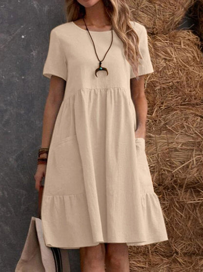 Vestido informal holgado de lino y algodón con cuello redondo para mujer