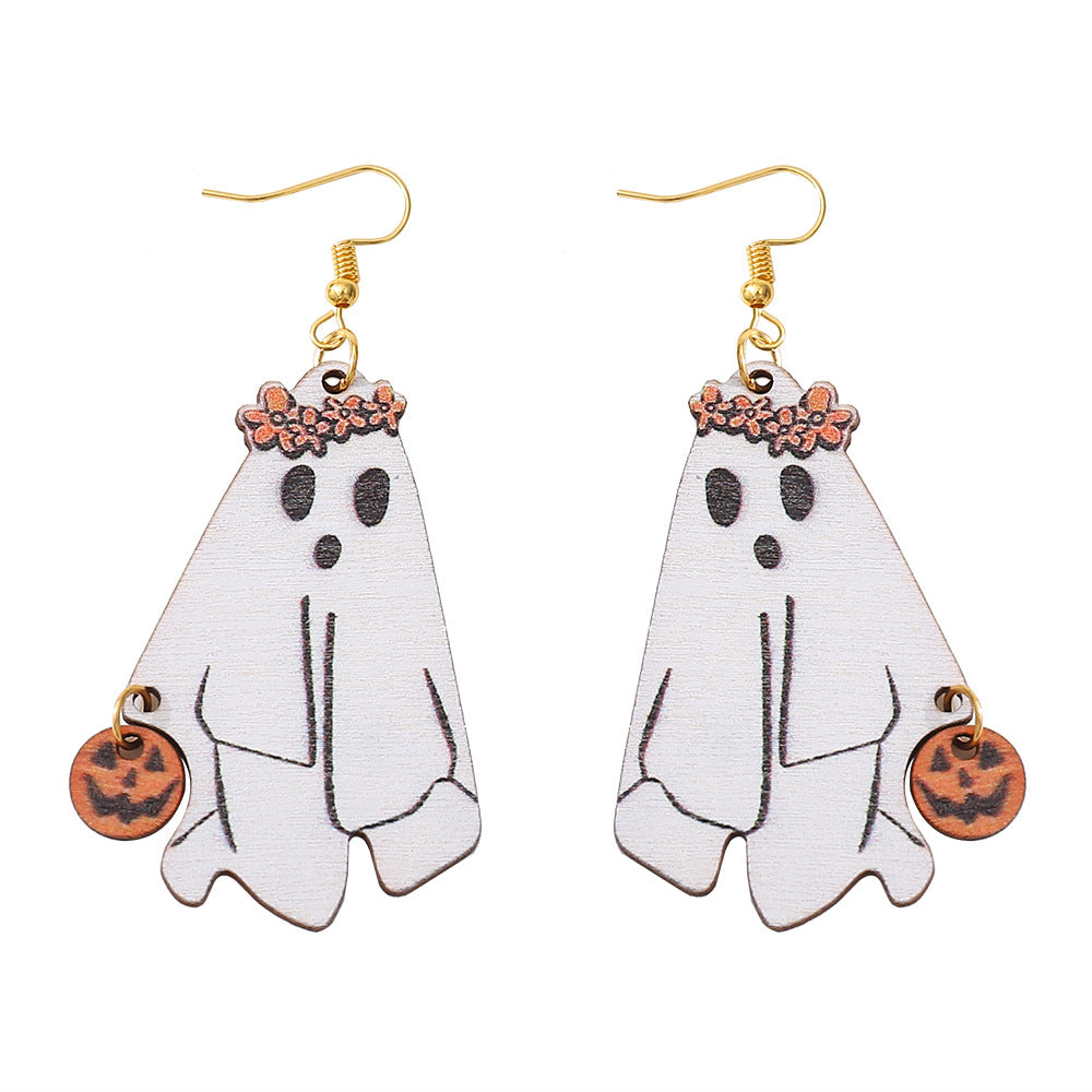 Halloween Women Double-Sided Wooden Earrings with Cartoon Creatures
