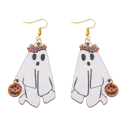 Halloween Women Double-Sided Wooden Earrings with Cartoon Creatures