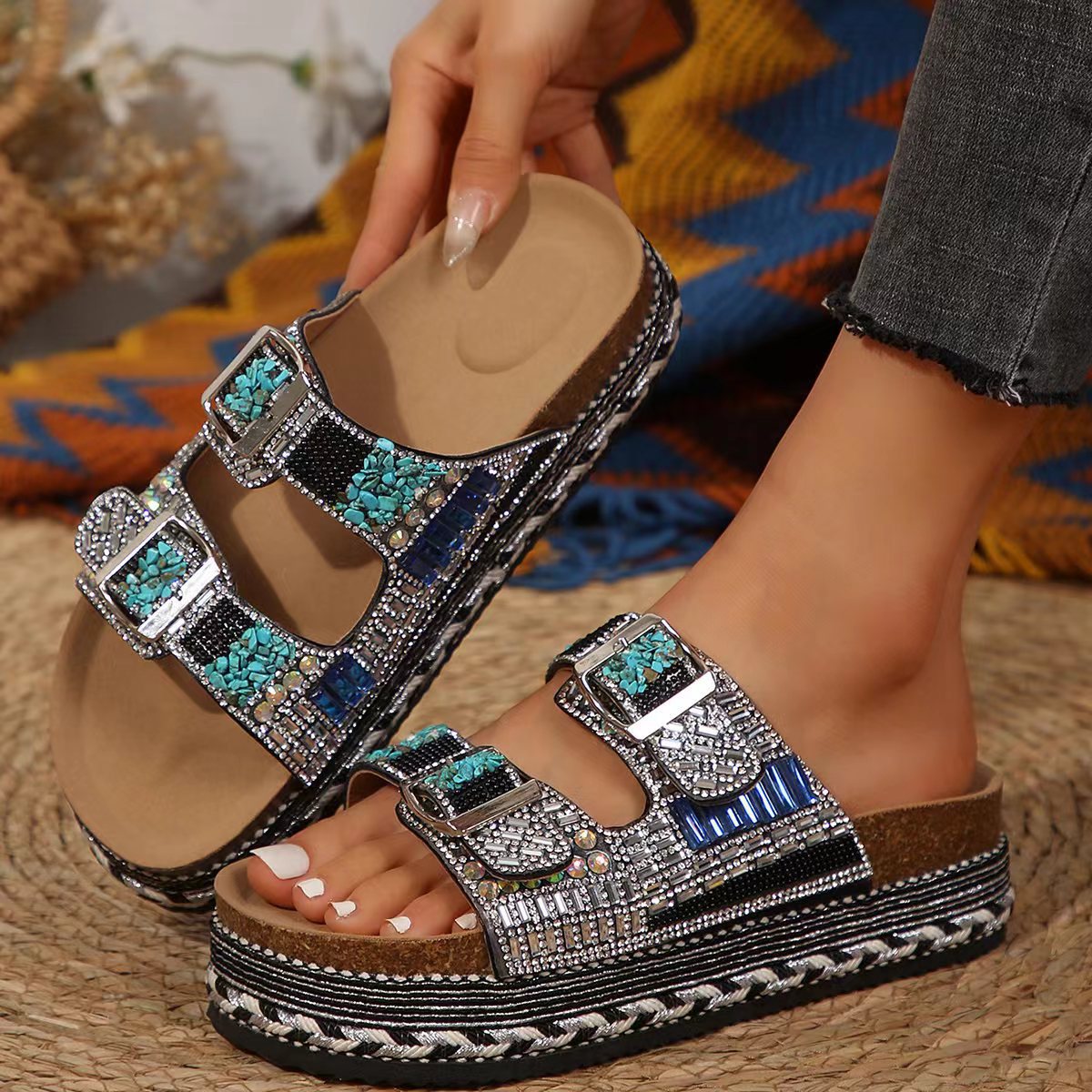 Pantuflas retro con doble hebilla y diamantes de imitación para mujer - Suela gruesa y cómoda