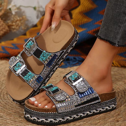 Pantuflas retro con doble hebilla y diamantes de imitación para mujer - Suela gruesa y cómoda