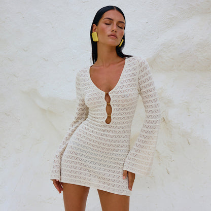 Vestido de punto sexy de color sólido con mangas largas para mujer