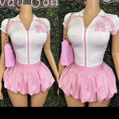 Women Casual Short Sleeve Zipper T-Shirt and Tutu Skirt Set