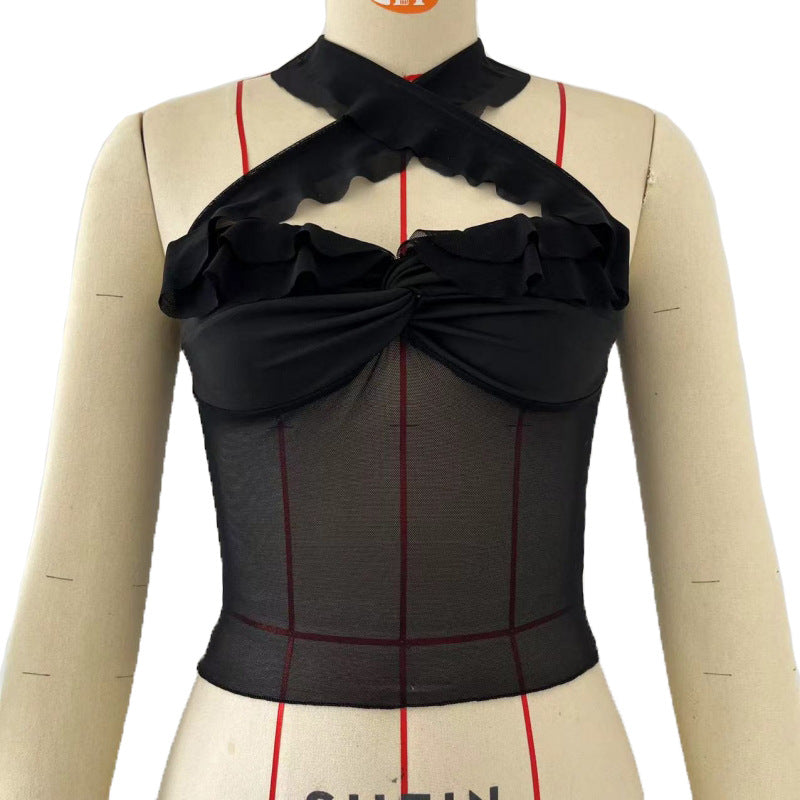 Women Fashion Sexy Mesh Perspective Stitching Halter Neck Crop Top