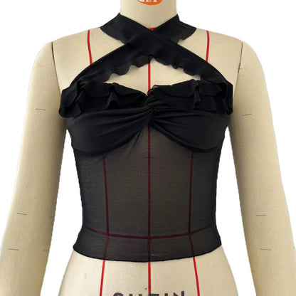 Women Fashion Sexy Mesh Perspective Stitching Halter Neck Crop Top