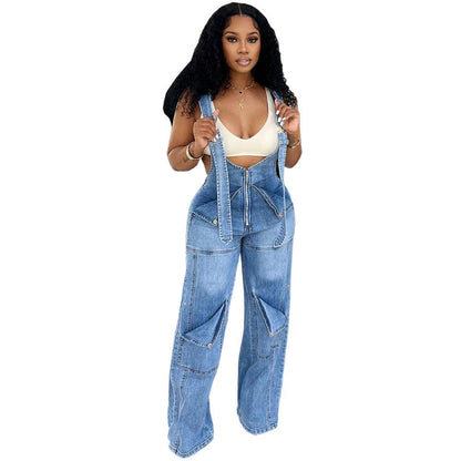 Women Casual Denim Jumpsuit Sleeveless High Waist Street Style