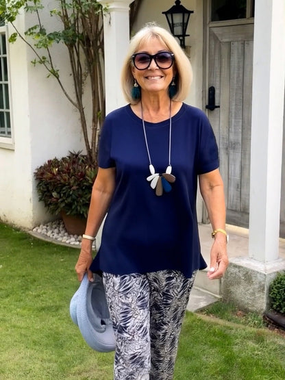 Conjunto de top y pantalón estampado de manga corta informal para mujer